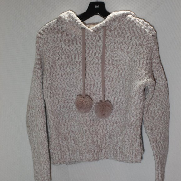 Yes Lola Size XS Tan Hoodie Sweater with Pom Pom Pulls - Picture 1 of 3
